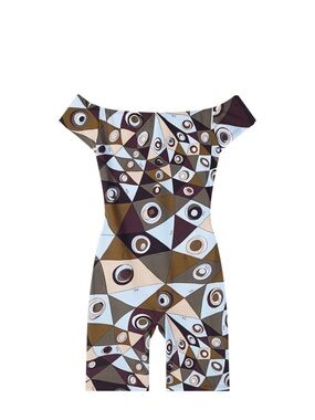 Emilio Pucci Off-Shoulder Geometric One-Piece Romper in Brown, Blue & Tan